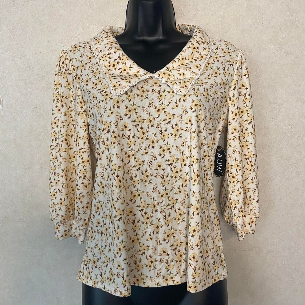 A.U.W. Secret Charm Collared‎ Floral Blouse Women - Small - Floral Yellow NEW